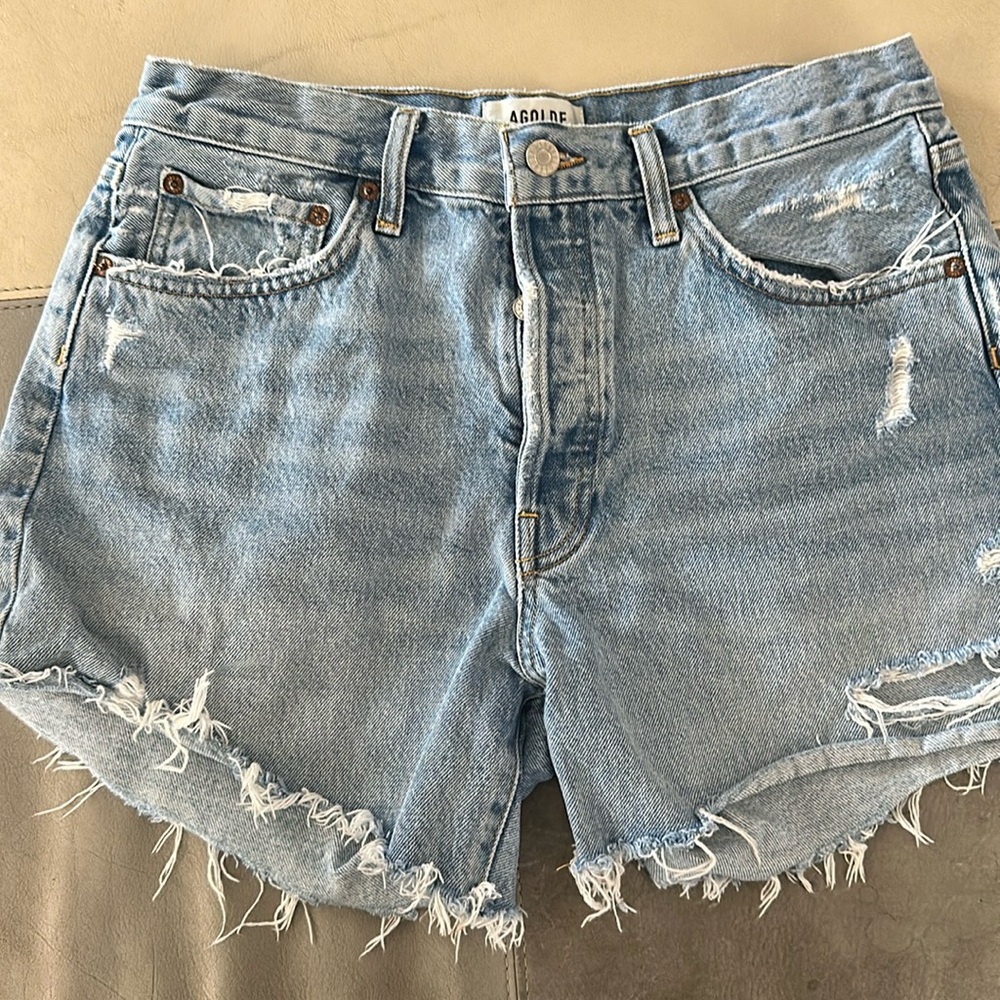 Agolde Light Blue Distressed Jean Shorts
